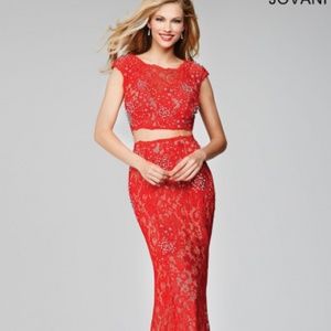 JOVANI RED TWO-PIECE RED LACE PROM DRESS